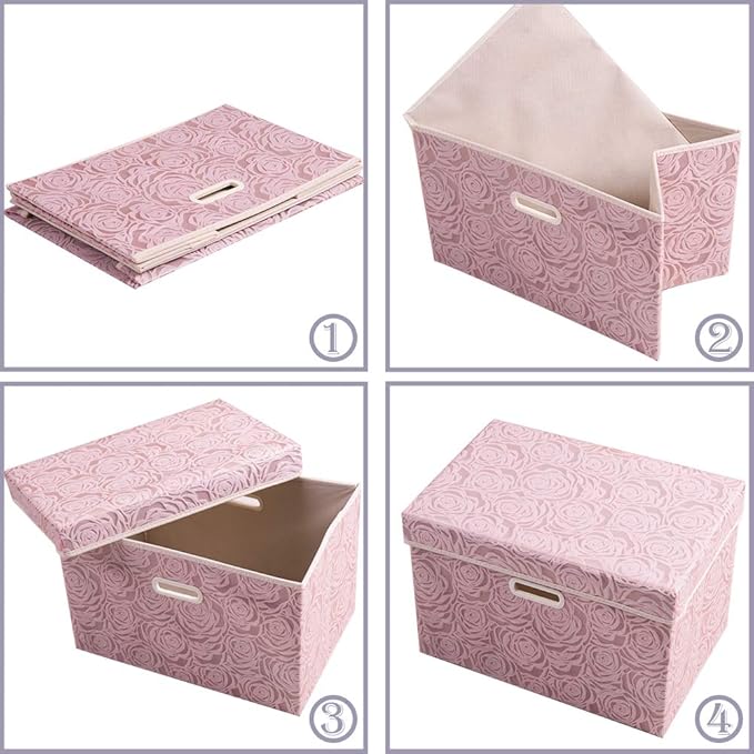 PRANDOM Larger Collapsible Storage Bin with Lid [1-Pack] Fabric Decorative Storage Box Cube Organizer Container Basket with Handles Divider for Bedroom Closet Living Room Pink 17.7x11.8x11.8 Inch