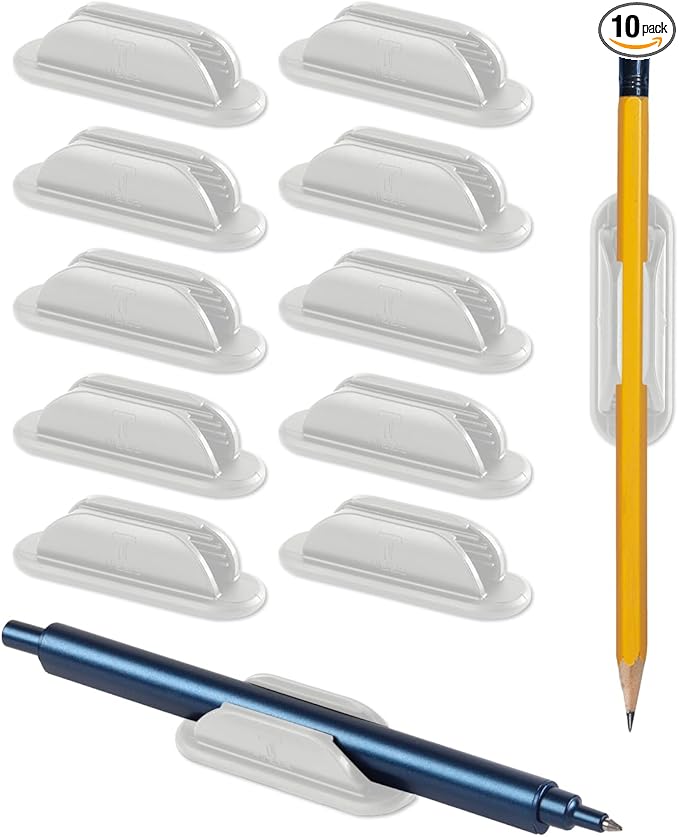 Adhesive Pencil Holders for Desk Set of 10 - Silicone Pen Holder with 15 PCS Adhesive Pads - Flexible Pencil Holder for Office Essentials Accessories and Teacher Supplies, White