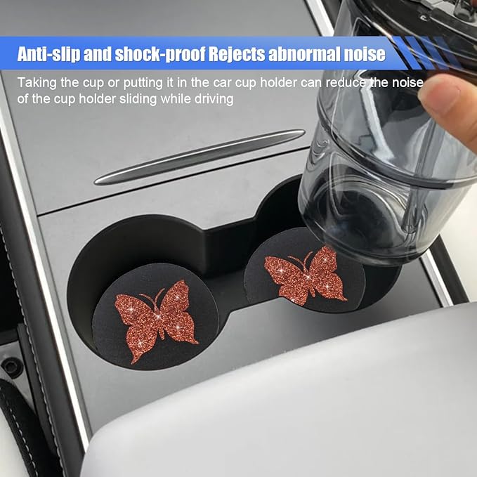 2PCS Bling Butterfly Car Coasters, 2.75'' Anti Slip Insert Cup Holder Coaster, Rhinestone Vehicle Cup Holder Decoration Pad, Universal Auto Interior Drink Water Bottle Mat Accessory (Red)