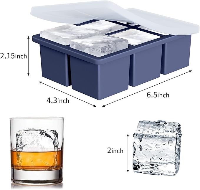 Large Ice Cube Tray for Whiskey: FDDBI Big Square Ice Cube Maker for Cocktail - 3-Pack Silicone Old Fashioned Ice Cube Trays - 2-Inch Huge Cubed Ice Trays for Whiskey