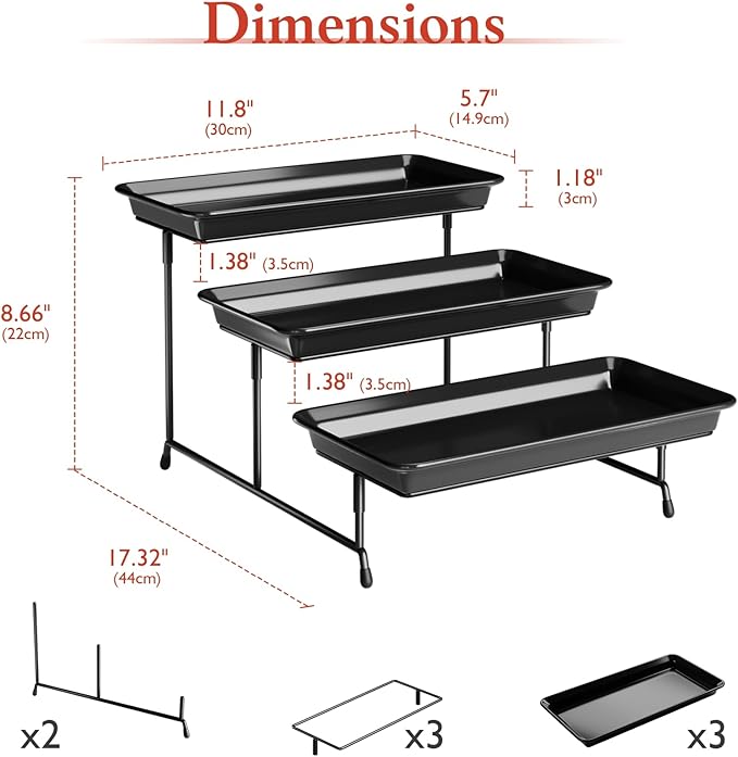 3-Tier Melamine Serving Tray Set, 11.5" x 5.6" Platters for Serving Food, Black Reusable Trays with Black Metal Display Stand for Cupcakes, Sevring Food, Dessert, Fruit, Cookie, Black