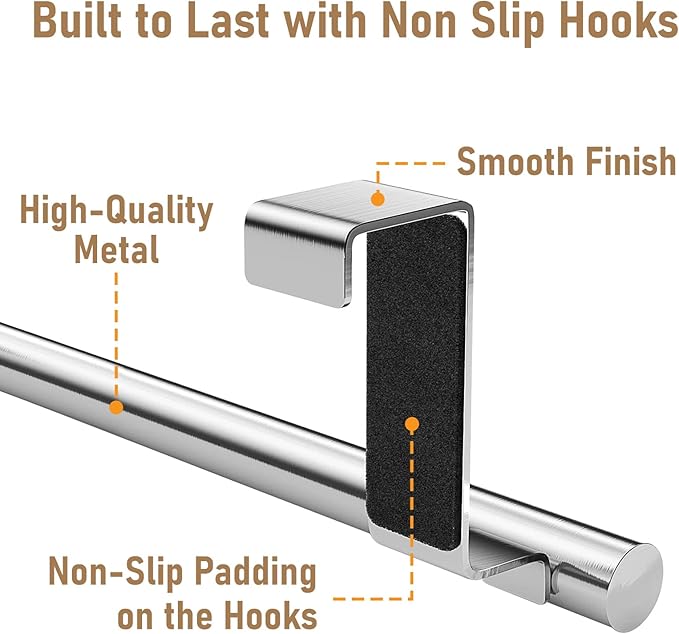 Over Cabinet Towel Bar with Hooks, 14 Inch Brushed Stainless Steel Over The Door Towels Rack for Home Bathroom Kitchen, Hang on Inside and Outside Cabinets or Doors, Holds Hand Dish Towels Washcloths