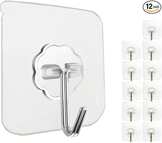12 Pack Heavy Duty Self Adhesive Hooks - 33lb Max, Transparent, Waterproof, Sticky Wall Hooks for Keys, Bathroom, Shower, Outdoor, Kitchen, Door, Home Improvement, Utility