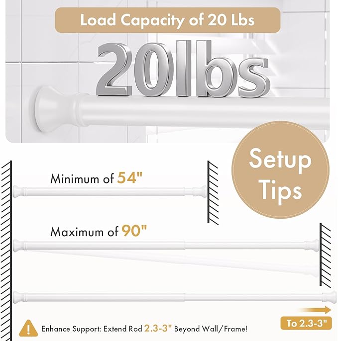 Amazer Spring Tension Shower Curtain Rod, 54-90 Inches Rust-Resistance Tension Curtain Rod Bathroom Rod, Adjustable Shower Curtain Rod No Drill, White