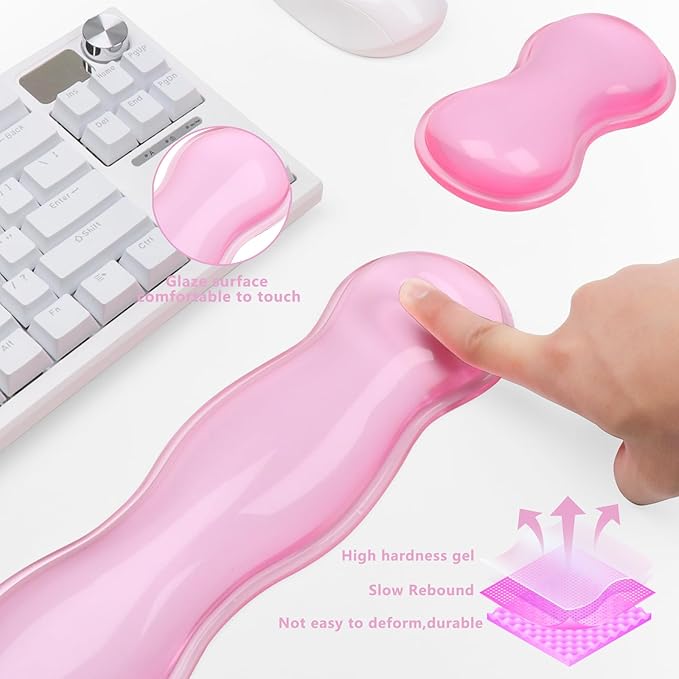 Gel Keyboard and Mouse Wrist Rest, Cute Wrist Support and Arm Support Keyboard Rest for Keyboard and Mouse Typing Pain Relief, Suitable for Office/Computer/Laptop/Gaming (Transparent Pink Set)