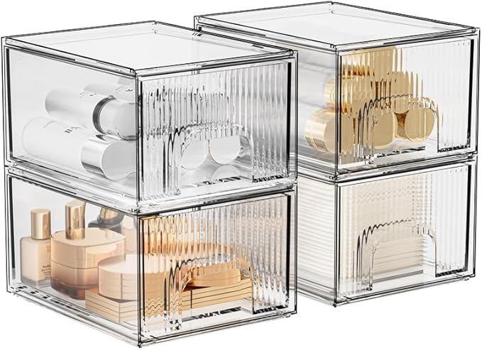 ZHIAI 4 Pack Clear Stackable Storage Drawer, Acrylic Drawer, Cosmetic Organizer, Plastic Organizer for Dresser, Under, Kitchen Cabinet, Pantry, Home Organization and Storage