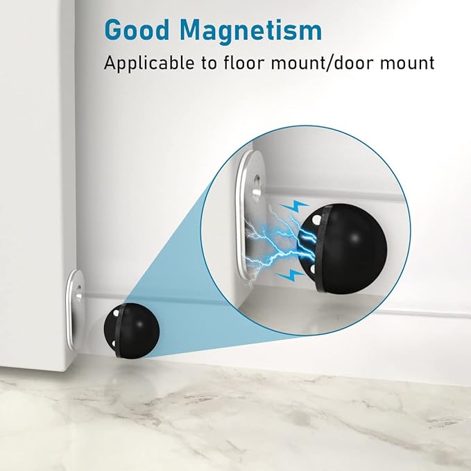 8 Pack Magnetic Door Stops Self Adhesive Floor Mounted Door Stoppers No Drill with Rubber Bumper, Stainless Steel Magnetic Door Catch Holder Keep Door Open, Black