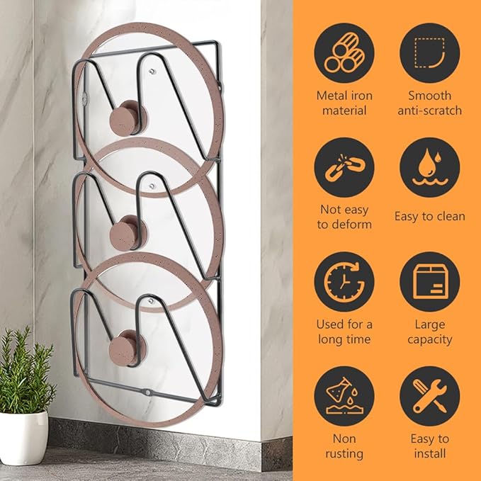2-Pack Pot Lid Organizer 3-Tier Iron Rack | Cabinet & Wall Space-Saving - Easy No-Drill Adhesive Mount – Damage-Free Storage for Home Cooks’ Kitchen