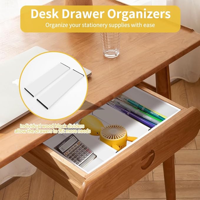 Bamboo Drawer Organizer with 2 Dividers, 5PCS Adjustable Junk Desk Organizer Trays with 7 Grid , Wood Stackable Storage Boxes Bins for Kitchen Flatware, Office Desktop, Bathroom Makeup, Jewelry