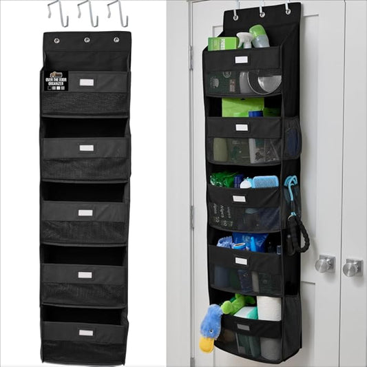GORILLA GRIP Large Capacity Closet Organizer, 5 Deep Shelves, Holds 50lbs, Over the Door Organizers 6 Mesh Pockets, Shelf Storage for Clothes Crafts Dorm Essentials, 3 Metal Hooks, 58x15 Inches, Black