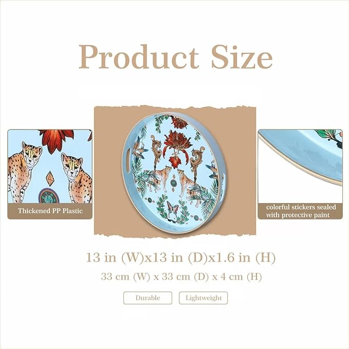 Zosenley Round Decorative Tray, 13 Inch Plastic Serving Tray with Handles, Leopard Style Vanity Organizer for Ottoman, Coffee Table, Kitchen, Bathroom (Blue)