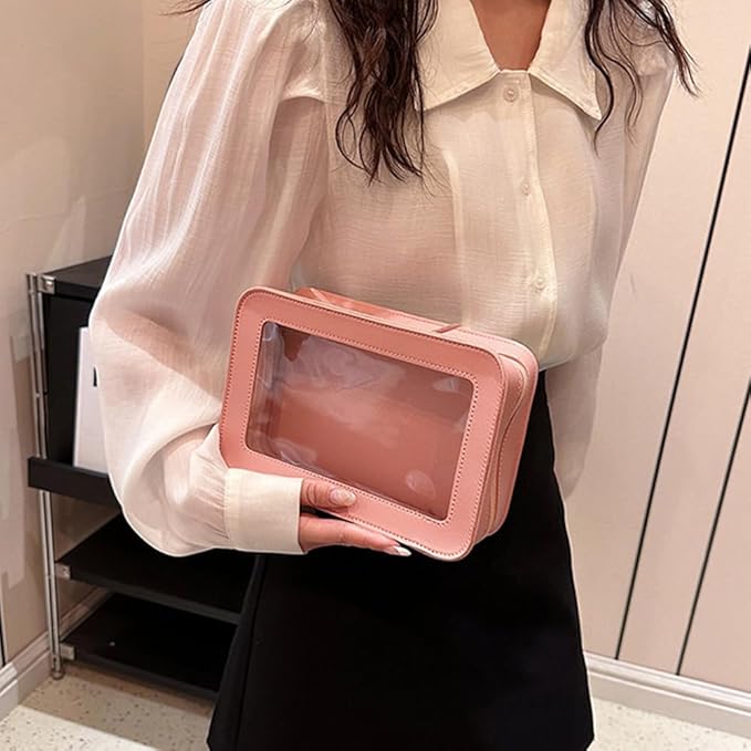 Clear Makeup Bag, Pink Travel Makeup Pouch Toiletry Bag for Women Waterproof Small Cosmetic Bag Case Small Make Up Bag with Zipper Car Organizer Car Essentials for Women Men