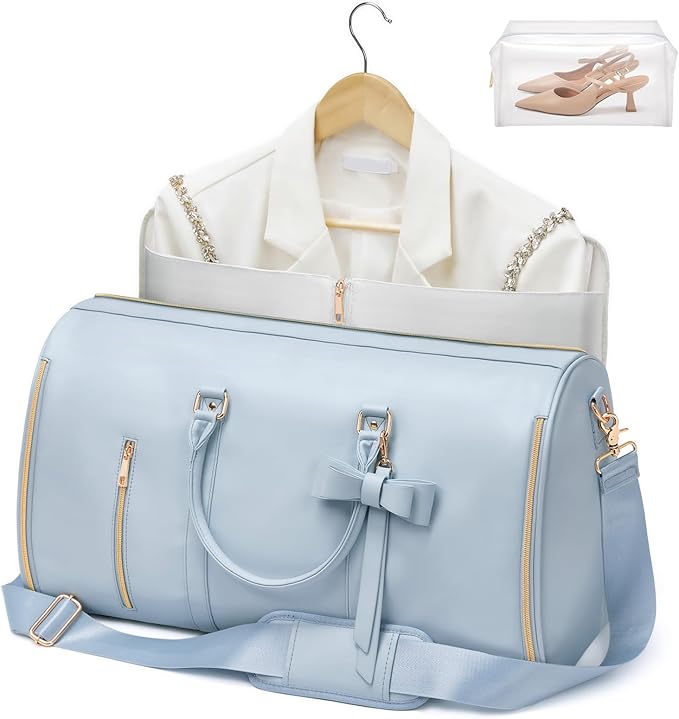 Travel Duffel Bag, Convertible Travel Garment Bag for Women, Fashion & Cute Carry On Duffle Bag w/Shoes Pouch, 2 in 1 Foldable PU Leather Hanging Duffle Bag, Single-Zipper Design, Blue
