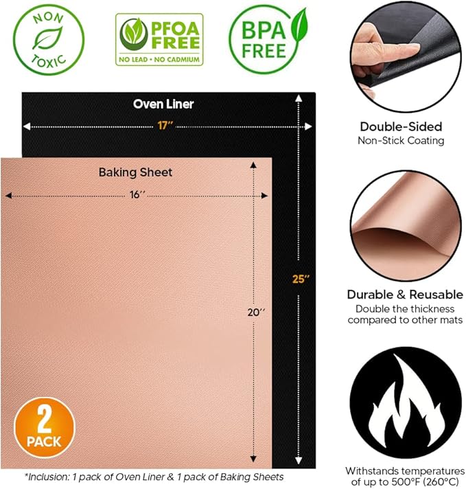 Oven Liners for Bottom of Oven with Baking Sheet Mat, Heat Resistant Stove Liners for Bottom of Electric Stove and Teflon Sheets for Baking, Reusable Mat for Electric Range