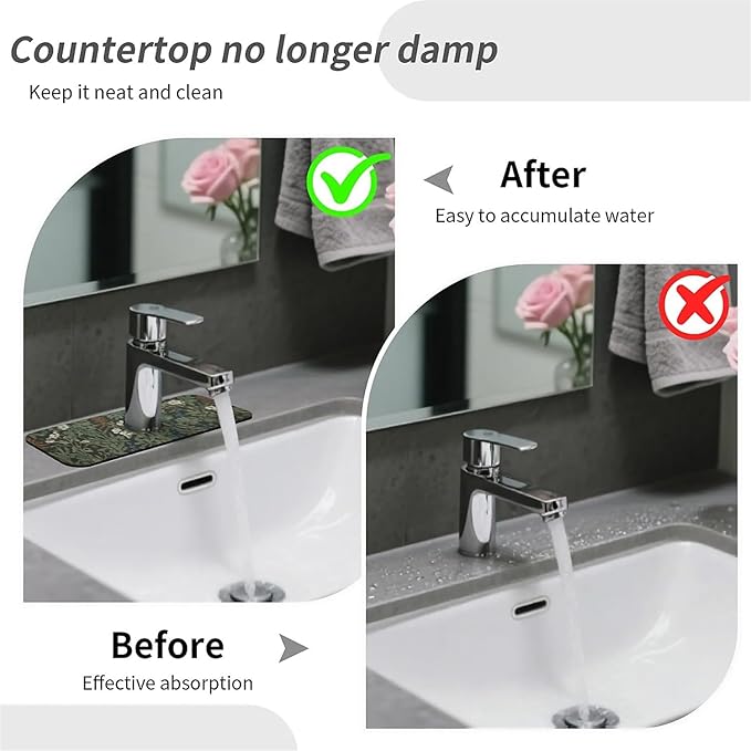 Kitchen Sink Splash Guard，Dark green forest Faucet Mat Sink Gadgets-Super Absorbent Fast Drying Mat Drip Catcher for Kitchen, Bathroom,Sink Mat, Dish Drying Mat, Bathroom(15" X 5.5" )