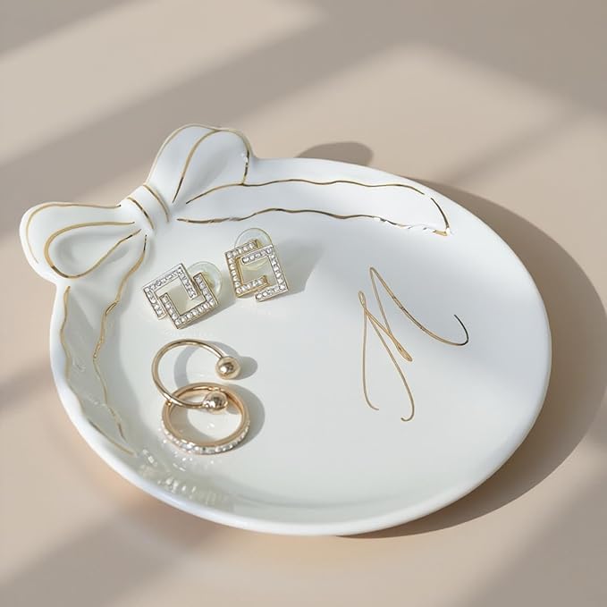 COLLECTIVE HOME - Personalized Initial Ceramic Jewelry Tray with Bow, Christmas Gift Ideas for Women, Small Gift for Girlfriend Wife, Ring Holder, Earrings Dish, Birthday Gift for Her (M)