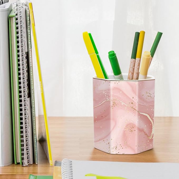WAVEYU Cute Pen Holder for Desk, Ceramic Pencil Holder, Pen Cup Marker Holder Makeup Brush Holders, Desk Accessories & Workspace Organizers for Home, Office, Red Marble