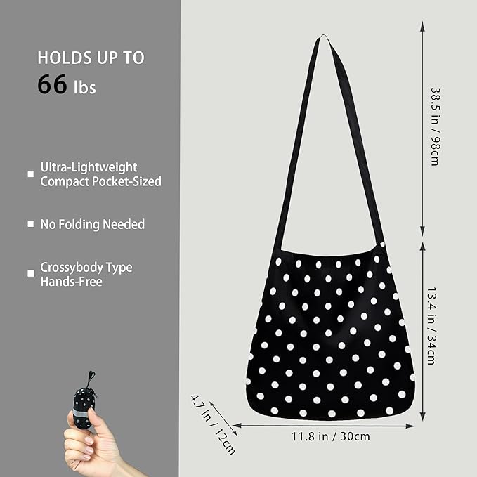 BeeGreen Dots Ultimate Crossbody Tote Bag - Reusable Grocery Shopping Bag - Foldable Compact Portable Sturdy Bags