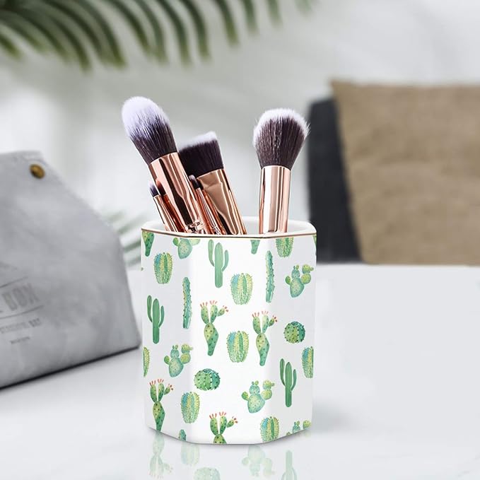 WAVEYU Cactus Pen Holder, Stand for Desk Pencil Cup for Girls Kids Durable Ceramic Desk Organizer Makeup Brush Holder for Office, Classroom, Home