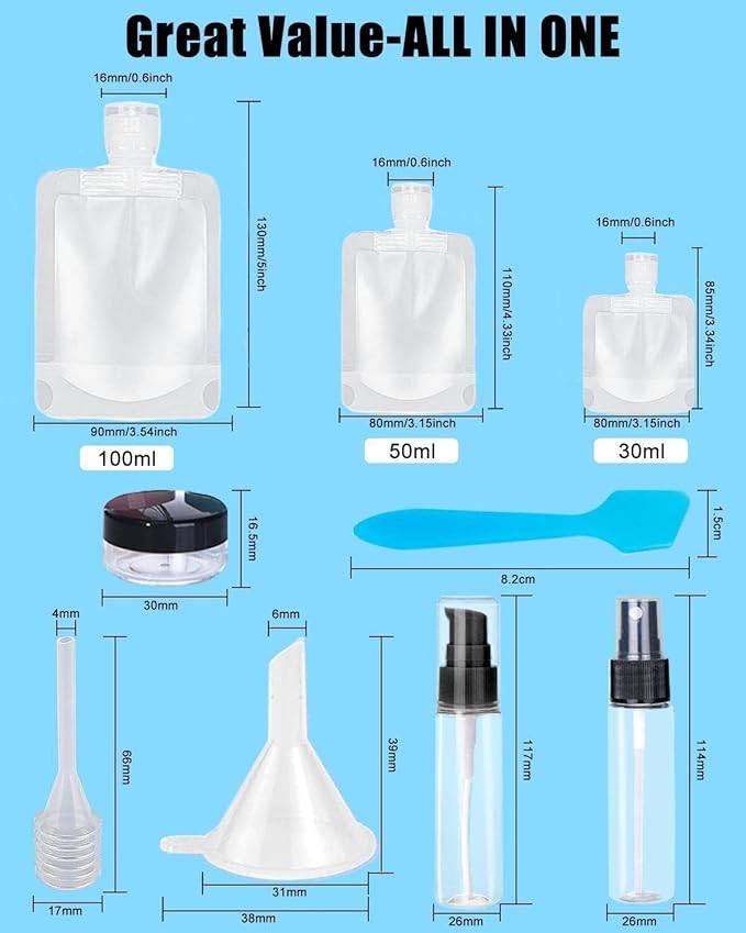 17 Pack Travel Pouches for Toiletries,TSA Approved,Portable Containers,Stand Up Pouch,Refillable Travel Accessories for Shampoo Conditioner Lotion Soap Liquids (A-17pcs)