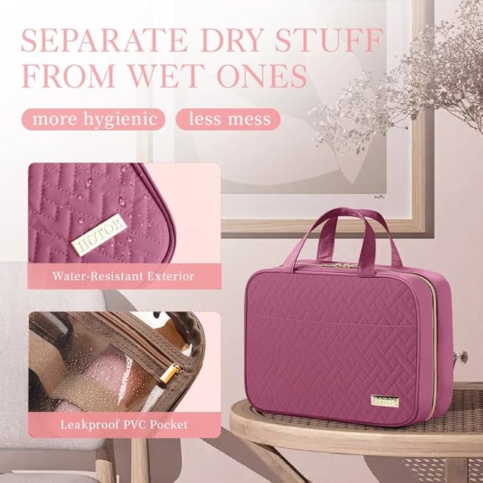 HOTOR Travel Toiletry Bag - Hanging Toiletry Bag for Women & Men, Makeup Bag/Big Compartment, Waterproof for Travel Accessories, Travel Essentials, Medium, Rosewood-Pink