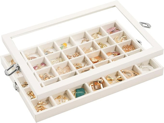 Lolalet Jewelry Organizer Tray with Lid, 35 Grids Velvet Earring Organizer Holder Storage Box for Drawer -Beige