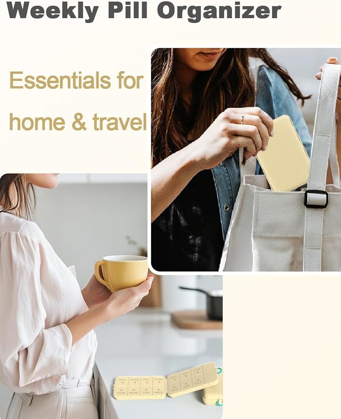 Pill Organizer Medicine Organizer Travel Essentials - Weekly Medicine Dispenser with Etched Labels, 7 Day AM PM Dispenser, Travel Pill Box, Foldable Medicine Case