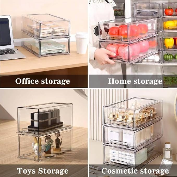 MANO 2 Pack Clear Fridge Drawers, Pull Out Stackable Refrigerator Drawer Organizer Bins, Pantry Storage Box Plastic Food Containers for Kitchen Bathroom Office Closet (2 Pack Large)