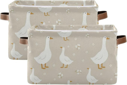 Aslsiy Storage Basket Cute White Gooses Nursery Bins Baby Box Canvas Clothes Shelf Basket Laundry Hamper Gift Basket for Home Closet 2 Pcs