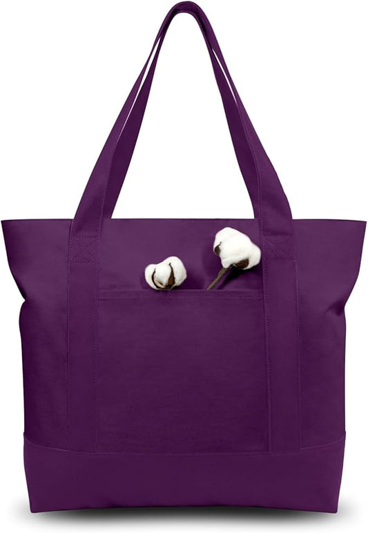 TOPDesign 3-Pack Canvas Tote Bags with an External Pocket, Reusable Grocery Shopping Bags, Top Zipper Closure, Daily Essentials (Purple)