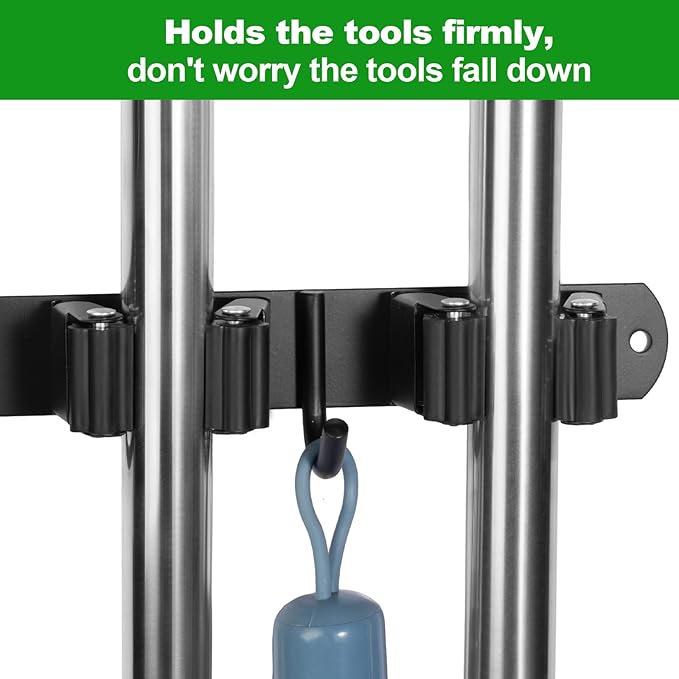 voze 3 Racks and 4 Hooks Mop and Broom Holder Wall Mount, Self-Adhesive Heavy Duty Broom Organizer Storage Tool Racks for Kitchen Garden Laundry Garage