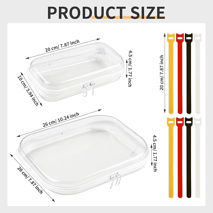 2PCS Clear Electronics Organizer Travel Case, Waterproof Tech Pouch, Cable Storage with 8 Wire Ties, Travel Portable Hard Shell Zipper Cases for Cord, Phone, Airpods, Mouse, Medium & Small