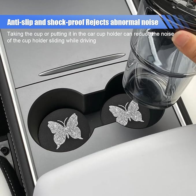 2PCS Bling Butterfly Car Coasters, 2.75'' Anti Slip Insert Cup Holder Coaster, Rhinestone Vehicle Cup Holder Decoration Pad, Universal Auto Interior Drink Water Bottle Mat Accessory (Sliver)