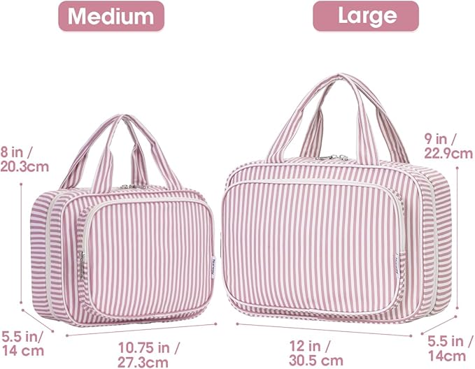 Narwey Striped Travel Toiletry Bag for Women Large Hanging Makeup Bag Organizer Toiletries Bag for Full Size Essentials Accessories Cosmetics (Dusty Pink Stripe (Large))