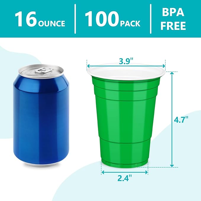 LANLISA 100 Green Plastic Cups, 16 oz Disposable Cups, Drinking Cups For St Patricks Day, Christmas Party Supplies