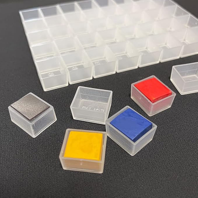 48Pcs Transparent Plastic Empty Watercolor Half Pans – 2ML Capacity, Refillable Paint Pans for DIY Solid Watercolors Gouache – Fits Metal Watercolor Tins & Travel Palette Box