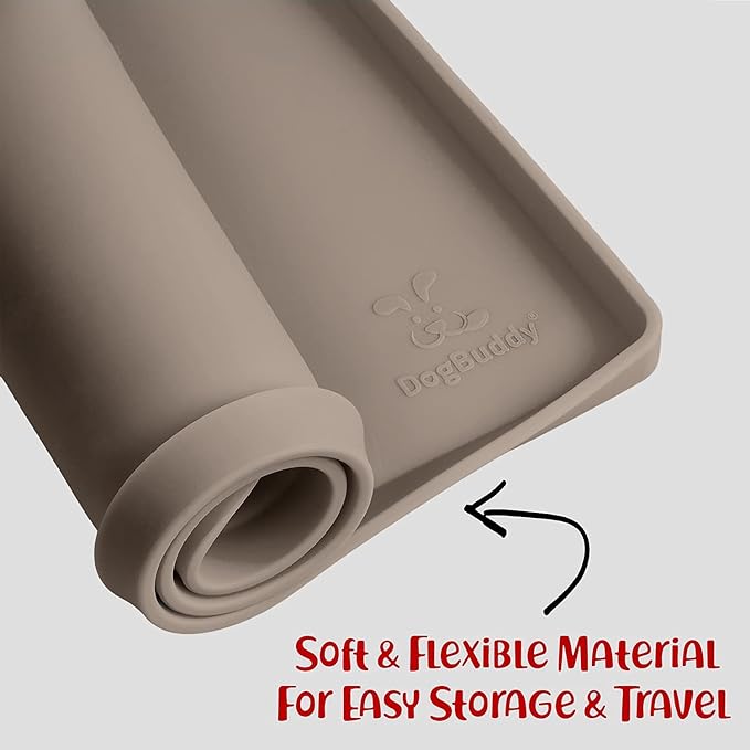 DogBuddy Dog Food Mat – Waterproof Dog Bowl Mat for Food and Water, Silicone Pet Feeding Mats for Floors, Non-Slip Placemat with High Edges for Dogs Bowls, Puppy Essentials (Small: 19"x12", Taupe)