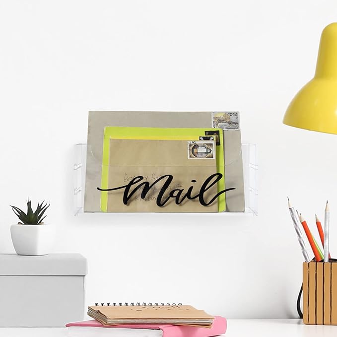 MyGift Premium Clear Acrylic Mail Holder with Decorative Black Cursive Mail Label, Modern Wall Mounted or Tabletop Mailbox, Letter Storage Organizer Box