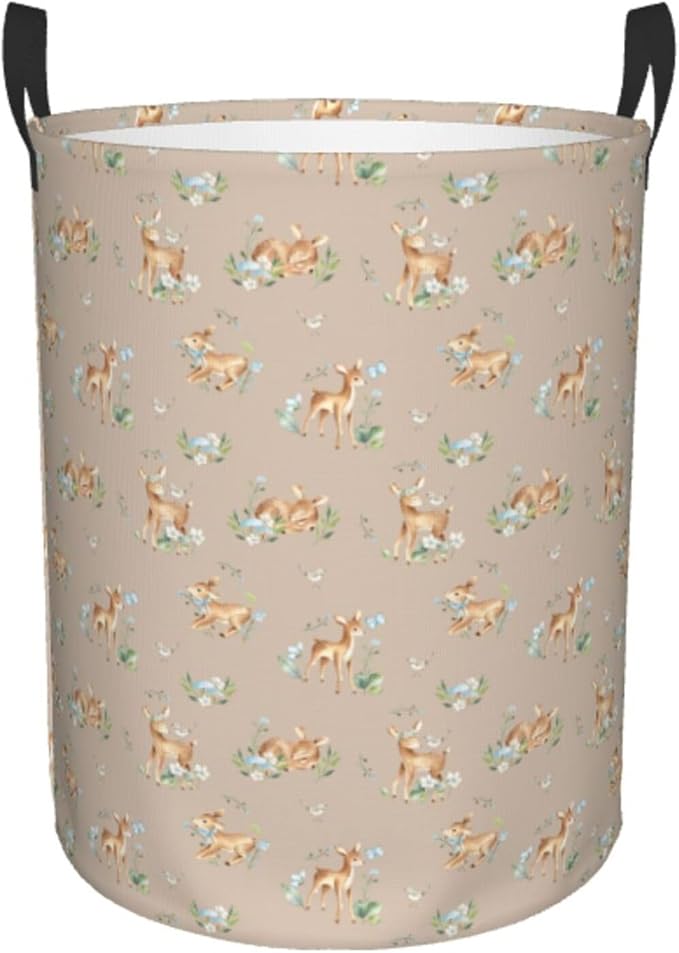 Watercolor Baby Deers Animal Round Laundry Hamper Storage Basket Toys Clothes Organizer Bin For Home Bathroom Bedroom Dorm Nursery, 62l