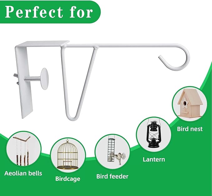 moonoom 4 Pcs Adjustable Vinyl Fence Hooks, Patio Hangers Decorative White Powder Coated Steel Fence Hangers Suitable for Hanging Plants, Lights, Basket (4pcs White)