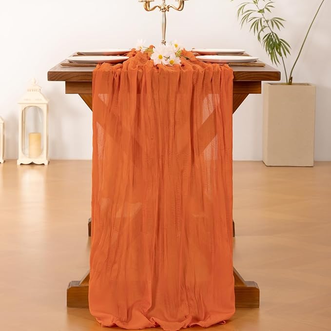 Socomi 10pcs Orange Summer Cheesecloth Table Runner Boho Rustic Gauze 120 inch 10FT Cheese Cloth Sheer Runner for Wedding Party Baby Shower Birthday Home Decor Holiday Decorations