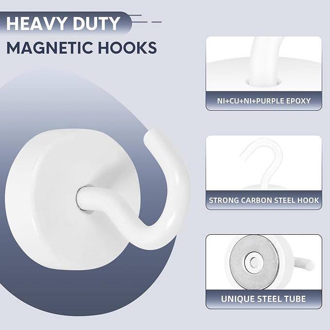 Neosmuk Magnetic Hooks, Cruise Ship Essentials, 40lb+ Heavy Duty Magnetic Hooks for Cruise Cabins, Refrigerator, Grill, Hanging, and Travel | Extra Strong Must-Haves Magnet Hook,White,Pack of 5