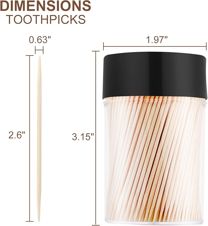 Bamboo Wooden Toothpicks [3000 Count]-With 2-Pack Reusable Toothpick Holder, Sturdy Smooth Finish Tooth Picks, For Appetizer, Olive, Barbecue, Fruit, Teeth Cleaning Toothpicks, Black.