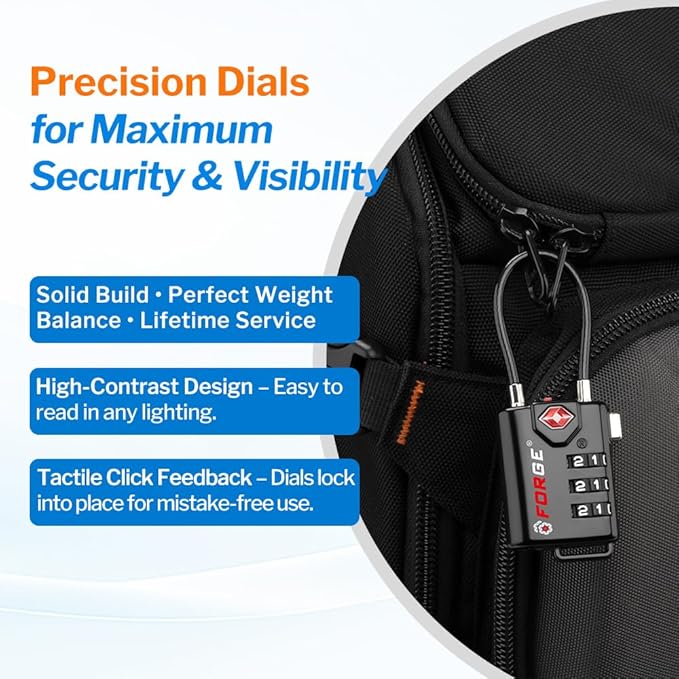TSA Approved Cable Luggage Locks, Resettable Combination with Alloy Body, Black, 2 Locks.