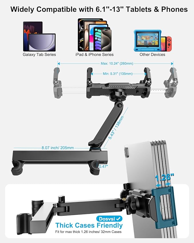 Car Back Seat Tablet Holder, [Thick Case Friendly] Car Headrest Tablet Mount Stand with Extension Arm, Road Trip Essentials for Kid, Fits iPad Pro 12.9 Air Mini, Tab, iPhone, 6.1-13" Device