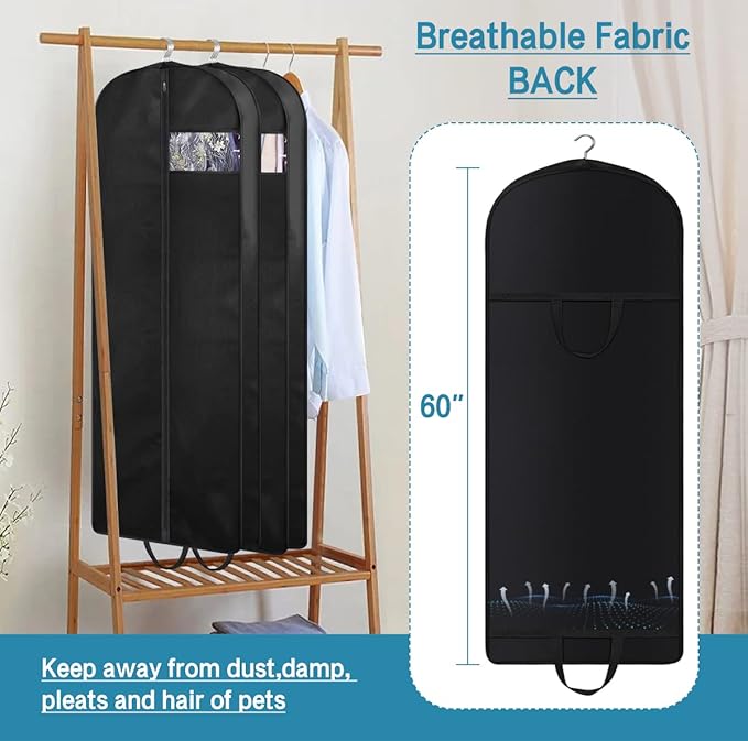 KIMBORA 60" Dress Garment Bags for Hanging Clothes Travel, Gusseted Garment Bags for Closet Storage with Handles for Long Gowns, Coats (3 Packs)