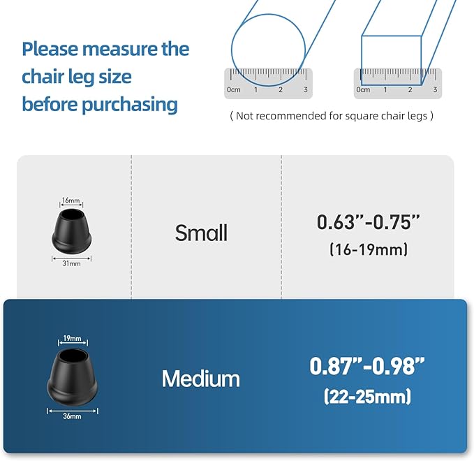 1 Inch Heavy Duty Rubber Chair Leg Caps - 24 PCS Non-Slip Furniture Floor Protectors with Metal Inserts for Wood, Tile, Carpet - Fits Chairs, Stools, Bar Stools