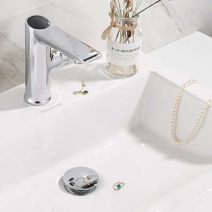 Bathroom Sink Drain, Vessel Sink Pop Up Drain with Detachable Basket Stopper,Anti-Explosion and Anti-Clogging Drain Strainer, Sink Drain Assembly Without Overflow Polished Chrome, REGALMIX RWF082A