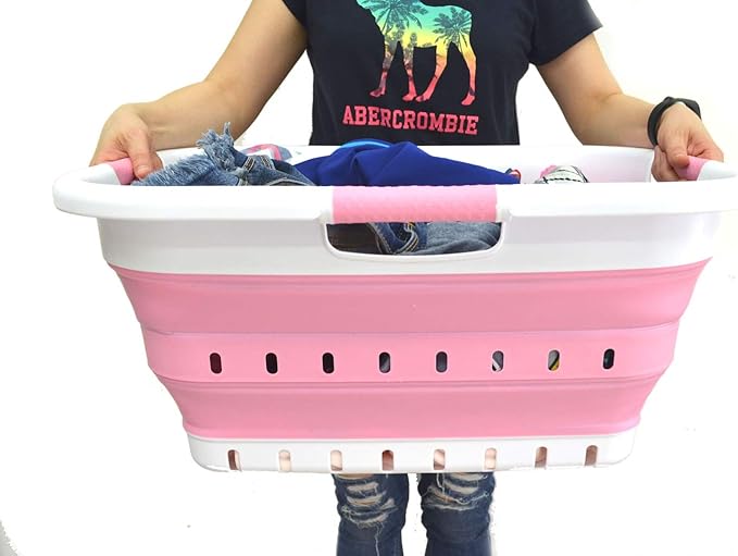 SAMMART 41L (10.8 gallon) Set of 2 Collapsible 3 Handled Plastic Laundry Basket -Foldable Pop Up Storage Container/Organizer-Space Saving Hamper/Basket (2, White/Pink)