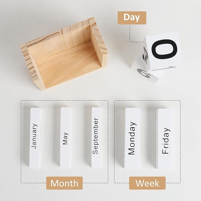 Wooden Block Calendar for Desk, Daily Desktop Perpetual Desk Calendar, Cute Date Display Blocks Desk Accessory for Home Office Decor, Teacher, Classroom, Reusable Yearly, Wood Grain